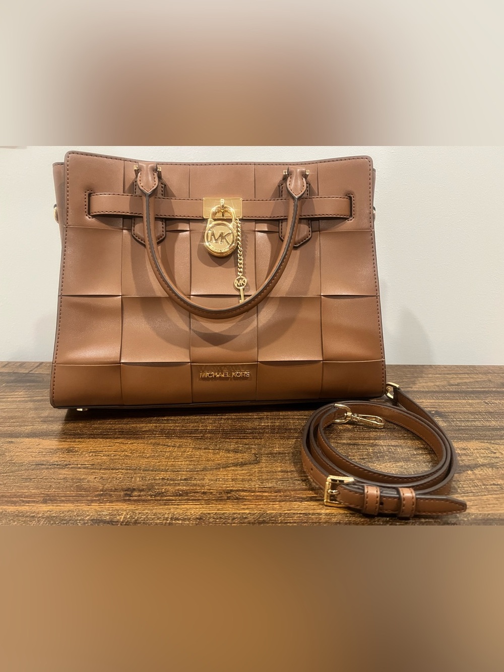 Michael Kors Tan Woven Leather Satchel with Gold Hardware